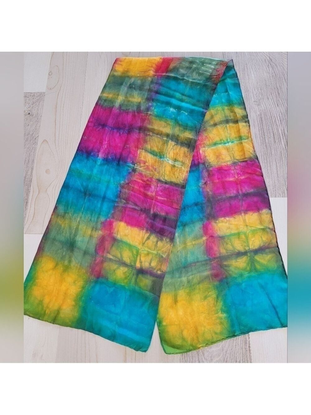 Silk 100% Rainbow Scarf Turquoise Purple Yellow Green Red - Picture 3 of 9